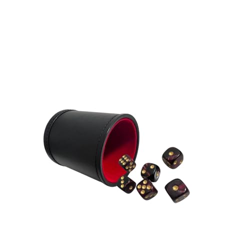 PU Leatherette Dice Cup with 6 D6 Black and Red Dice for Yahtzee Farkle Bar Party Dice Games - color: Red Black C