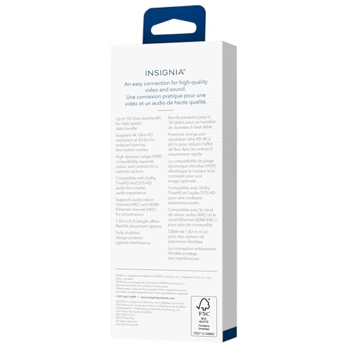 INSIGNIA 4K Ultra HD HDMI Cable – High-Speed 18Gbps, HDR, ARC, Ethernet – Compatible with TV, Monitor, PS5, Xbox, Blu-ray, Laptop (HDMI Cable, 6 ft) - size: 6 ft, style: HDMI Cable