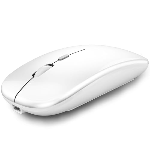 WREANU Wireless Bluetooth Mouse Rechargeable Laptop Mice Silent Slim Use(BT5.2 and 2.4G Portable USB Receiver) Dual Mode Computer Mouse for Laptop/iPad/Tablet/Apple/Computer/Mac(Bright White) - color: Bright White
