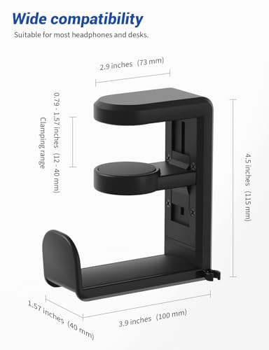 Headphone Hook Under Desk Holder 360-Degree Adjustable Rotation, Black | Fits 0.47-1.57 in desks as headset stand hanger, easy spring clamp, soft rubber pads, built-in loop for cable organizer - color: Black