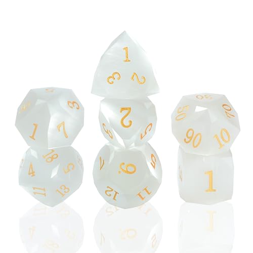 RULE DICE Gemstone DND Dice, Dungeons and Dragons Dice Set 7PCS Polyhedral Gem Stone Dice Set D4 D6 D8 D10 D% D12 D20,Crystal Glass Gem Dice Set with Gift Case - color: Pm-white Ca't Eye