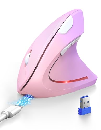 TECKNET Ergonomic Mouse Wireless, Rechargeable Vertical Mice Right Hand | Bluetooth+2.4G, Multi Device, 4800 DPI Adjustable, Optical Carpal Tunnel Mouse for Laptop, PC, Computer, MacBook, Pink Purple - color: Pink Purple