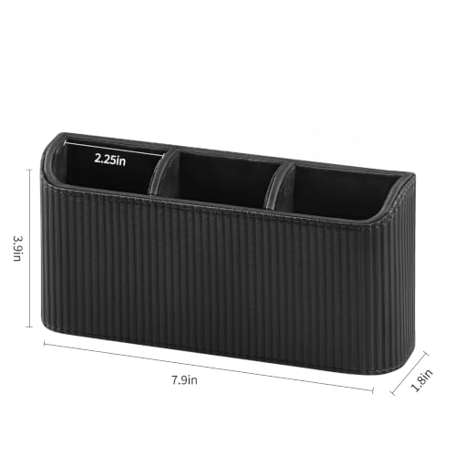 Remote Control Holder Wall Mount TV Remote Holder Caddy Organizer | PU Leather, Self Adhesive, 3 Compartments, Soft Velvet Lining, Aesthetic Stripes - color: Black