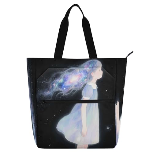Waterproof Piano Bag for Lessons Cat Flower Crown Music Tote with Zipper Pockets for Sheet Music & Books - color: Character With Galaxy Hair Cute Dark
