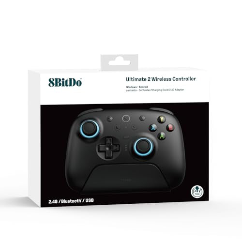 8Bitdo Ultimate 2 Wireless Controller for PC, Apple, Steam & Android, Black | TMR Joysticks, Hall/Tactile Triggers, 8Speed 2.4G, 1000Hz Polling Rate, Motion Control, RGB Fire Ring, Charging Dock - color: Black