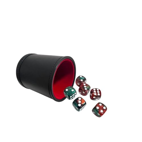 PU Leatherette Dice Cup with 6 D6 Red and Green Dice for Yahtzee Farkle Bar Party Dice Games - color: Red Black D