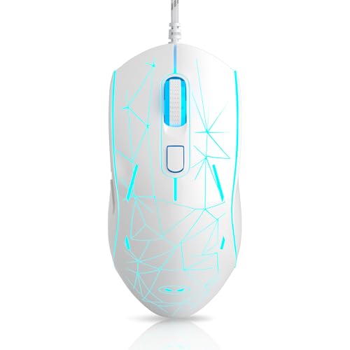 Wired Gaming Mouse, 7 Colors Breathing LED Backlit Gaming Mouse, 6 Adjustable Speeds, Ergonomic Optical Computer Mouse with 7 Buttons for Windows PC Gamers, White - color: White