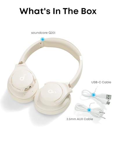 Soundcore by Anker Q20i Hybrid Active Noise Cancelling Headphones, White | Over-Ear, Bluetooth, 40H ANC Playtime, Hi-Res Audio, Big Bass, Transparency Mode, Customize via App, Travel, Home, Office - color: Almond White