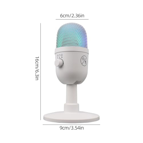 USB Computer Microphone with RGB Light, Headphone Output, Mute Control and OTG Cable for PC Laptop, White - color: White, size: One Size