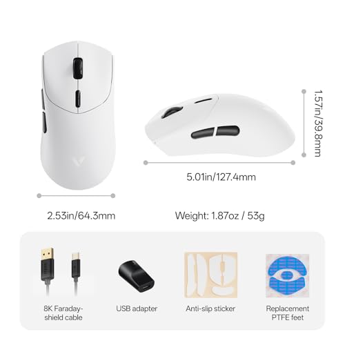 Rapoo VT7 Wireless Gaming Mouse, True 8K Wireless Polling Rate, 53g Lightweight, Up to 750 Hr Battery, Nordic nRF54L15 MCU, 100-Million Mechanical Switch, 10 Programmable Buttons, White - color: White