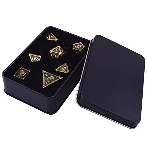AUSTOR 7-Die Metal DND Dice Set Dungeons and Dragons Polyhedral Roll Playing Dice with Box D20 D12 D10 D% D8 D6 D4 for Pathfinder MTG RPG Board Games - color: Antique Bronze