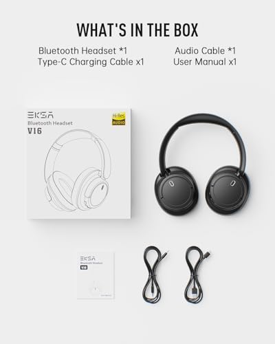 EKSA Wireless Headphones Over Ear, Bluetooth Headphones with Microphone, Hi-Res Audio, 90H Playtime, 6 EQ Modes, Lightweight, Foldable, Bluetooth Headset for PC/Cellphone/Home/Travel/Office Black