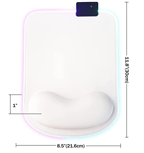 RGB LED Wrist Support Mouse Pad with 13 Lighting Modes, Anti-Slip Rubber Base, Pain Relief Ergonomic Gaming/Office/Home Mouse Pad, 11.8 x 8.5 in (White) - color: White