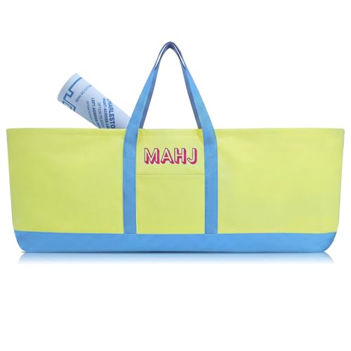 Mahjong Bag for Tiles and Racks Empty American Mahjong Tiles Carrying Tote 31.5 x 12 x 4 Inch Canvas Tile Game Accessory Gift for Pusher Rack Mat Carrying, Case Only(Blue and Lime Green) - color: Blue and Lime Green