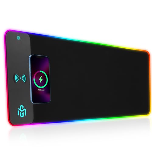 Mouse Pad Gaming Wireless Charging, 800x300x4mm, Black | Supports wireless charging for smartphones and earbuds, features 10 RGB lighting modes. Dimensions: 31.5" L × 11.8" W. - color: Black