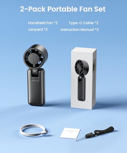 2 Pack Portable Mini Handheld Fan, 199-Level Speed, Black+White | 4000mAh Rechargeable Battery, Quiet, LED Digital Display, Personal Cooling Turbo Fan for Travel, Office, Makeup & Concerts - color: Black+White