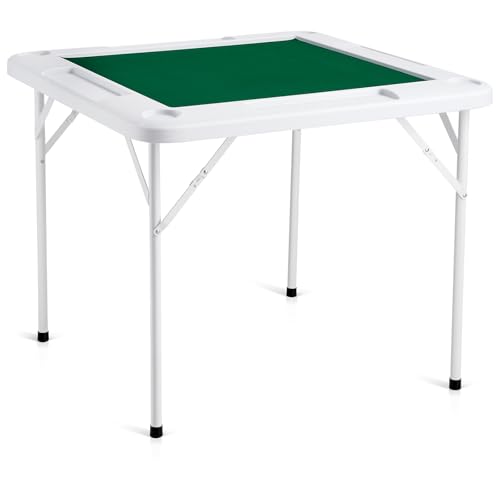 VEVOR Mahjong Table, 4 Player Folding Domino Table with Wear-Resistant Green Tabletop, Portable Square Card Table with 4 Cup Holders & 4 Chip Trays for Mahjong Poker Puzzles, 35.4 x 35.4-inch - color: Green