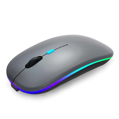 AIKOKOK Wireless Bluetooth Mouse, Rechargeable Dual Mode Mouse, Grey | BT 5.2 & 2.4G USB Receiver, 3 Adjustable DPI,LED Lights,Slim,Silent,Portable Computer Mouse for Laptop,PC,MacBook,iPad,Tablet - color: Grey