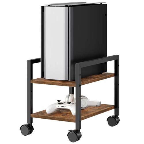 HOOBRO PC Stand, 2-Tier PC Tower Stand Fits Most Computer Towers, CPU Holder for Floor, Height Adjustable, CPU Stand with Wheels Under Desk, for Home Office, Rustic Brown and Black BF11CJ01 - color: Rustic Brown, Black