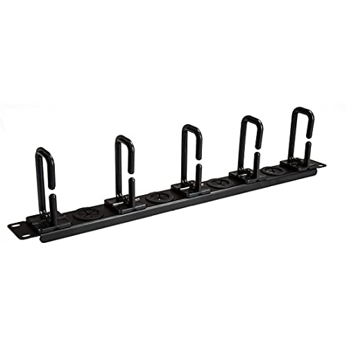 StarTech 1U 19in Horizontal Cable Manager, D-Ring, Steel (CABLMANAGERH) | Passthrough holes, 5 routing loops, Fits 2 or 4-post racks, M5 cage nuts and screws, EIA-310-E, 3.75in depth - style: 1U Horizontal w/Passthrough
