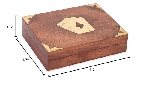 Ajuny Handcrafted Wooden Double Deck Playing Card Box Holder Decorative Storage Case Organizer With 2 Set of 'Ace' Playing Cards Brass Inlay Anniversary Housewarming Gifts For Him Her