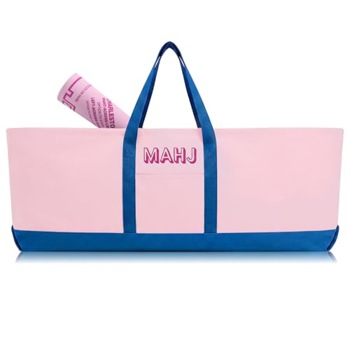 Mahjong Bag for Tiles and Racks Empty American Mahjong Tiles Carrying Tote 31.5 x 12 x 4 Inch Canvas Tile Game Accessory Gift for Pusher Rack Mat Carrying, Case Only(Pink and Dark Blue) - color: Pink and Dark Blue