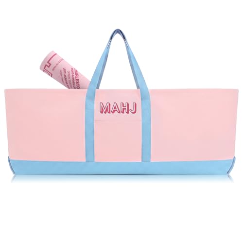 Mahjong Bag for Tiles and Racks Empty American Mahjong Tiles Carrying Tote 31.5 x 12 x 4 Inch Canvas Tile Game Accessory Gift for Pusher Rack Mat Carrying, Case Only (Pink and Blue) - color: Pink and Blue