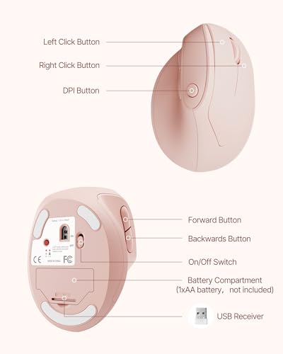 Ergonomic Mouse, USB+Bluetooth Dual Connection, Wireless Vertical Mouse for Reducing Wrist Pain, 1000/1600/2400 DPI, Ergo Mouse with Quiet Click for Windows Mac OS PC Computer Laptop, Pink - color: Pink