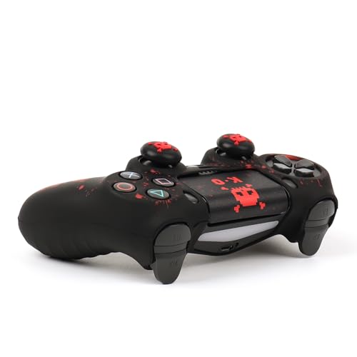 RALAN Pixelated Skull Design Controller Skin Cover with 2 Thumb Grips Compatible with PS4/Playstation 4 Slim/Pro Controller - color: Pixelated Skull Black Red