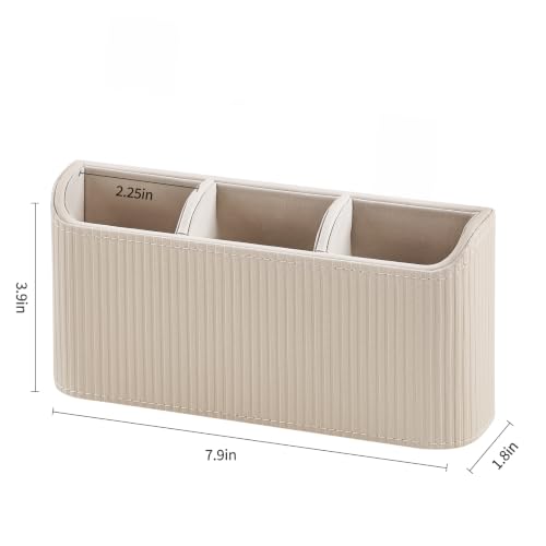 Remote Control Holder Wall Mount TV Remote Holder Caddy Organizer | PU Leather, Self Adhesive, 3 Compartments, Soft Velvet Lining, Aesthetic Stripes - color: Beige