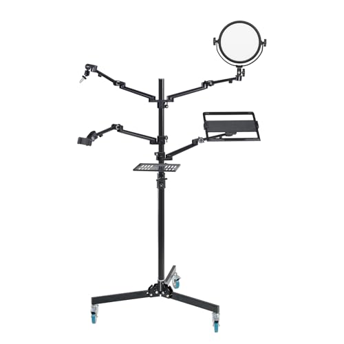 GVM 5-in-1 Movable Live Streaming Floor Stand Kit with Wheels, Overhead Camera Mount with 10" LED Key Light/Mic Boom Arm/Tablet Laptop Phone Stand/Tray for Live Broadcast Podcast Video Recording Game