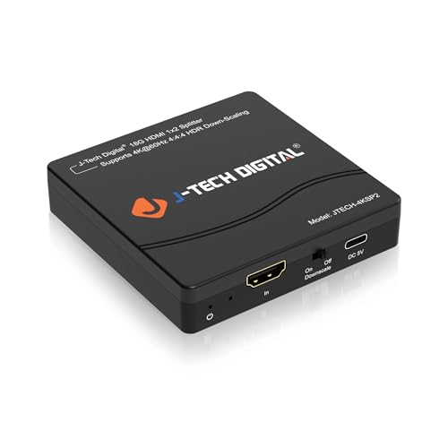 J-Tech Digital HDMI Splitter 1 in 2 Out 4K 60Hz Multi-Resolution Output (MRO) HDMI 2.0 Splitter Supports Downscale HDR HDR10 / Dolby Vision 4K@60Hz 4:4:4 HDCP2.3 2.2 (JTECH-4KSP2)