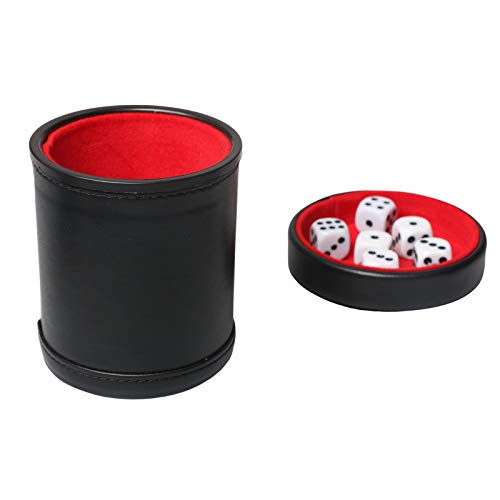 Leatherette Dice Cup with Lid, Red Felt-Lined Dice Shaker Includes 6 Regular Dice for Liars Dice/ Farkle/ Yahtzee/ Games, 1 Pack - color: Red