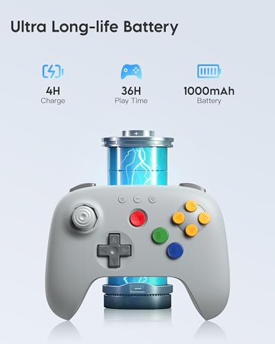 8Bitdo 64 Bluetooth Controller for Analogue 3D, Switch, Switch 2, Windows, Android – Hall Effect Joystick, Vibration, Turbo Function – Gray - color: Gray