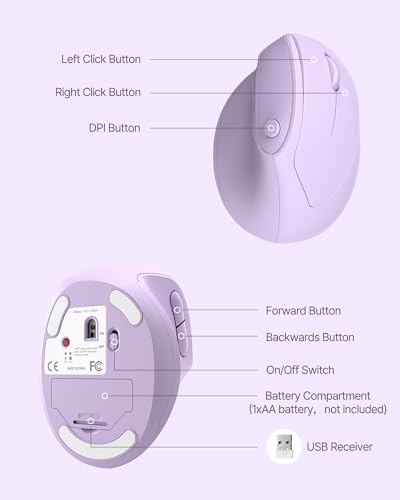 Ergonomic Mouse, USB+Bluetooth Dual Connection, Wireless Vertical Mouse for Reducing Wrist Pain, 1000/1600/2400 DPI, Ergo Mouse with Quiet Click for Windows Mac OS PC Computer Laptop, Purple - color: Purple