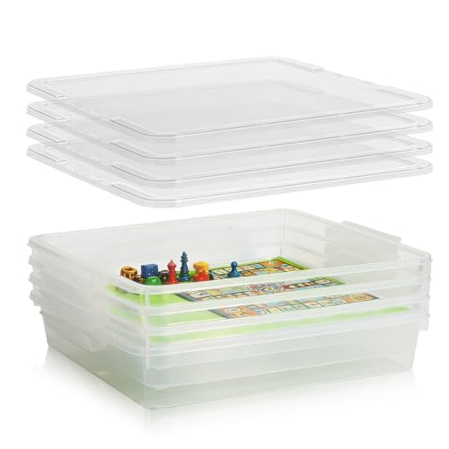 4 Pack Board Game Storage, Large Plastic Storage Bins with Latching Lid (14x13.5x3.15 in), Stackable Paper Storage Box for 12x12 Paper, Board Game, Art Supply, Puzzle, Documents