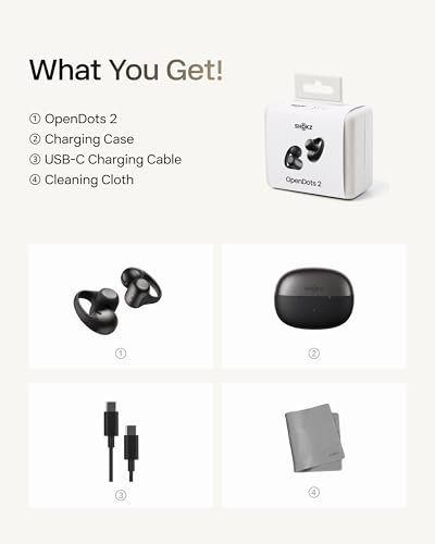 SHOKZ OpenDots 2 Open-Ear Clip-On Earbuds with Upgraded Dolby Audio, 3-Mic Clear Calls, Rich Bass, Up to 40 Hrs of Audio, Wireless Charging, Interchangeable Left/Right Earbuds, IP57, Bluetooth 6.1 - color: Black