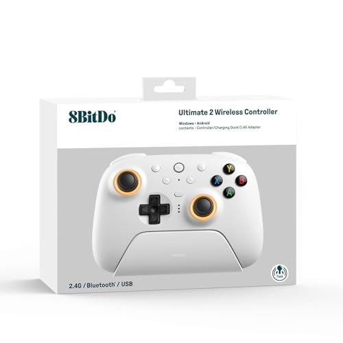 8BitDo Ultimate 2 Wireless Controller for Windows PC, Apple, Steam & Android, Gaming Controller with TMR Joysticks, Hall/Tactile Triggers, Motion Control, RGB Fire Ring, 1000Hz Polling Rate, White - color: White