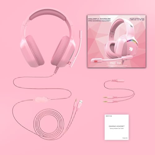 IMYB A36 Pink Gaming Headset with Mic Stereo Headphones for Pc, PS5, Xbox | RGB Wired Over-Ear Noise Cancelling for Xbox Series X/S, PS4, Nintendo Switch, Computer, Laptop, Mac - color: Pink