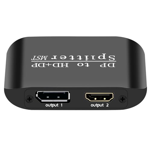 ACHAVE DisplayPort to HDMI and DisplayPort Splitter, 4K MST Hub, Black Metal, 1 Input 2 Output Adapter, Video Signal Converter for PC and 2 Monitors (MacOS Only Supports SST Mode)