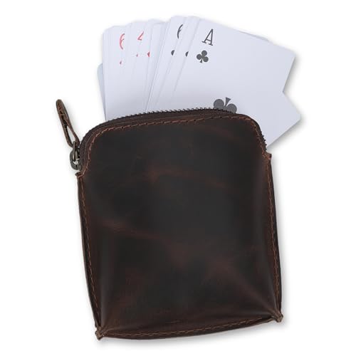 Premium Full Grain Leather Playing Card Case, Zippered Playing Card Holder for Poker Bridge Cards, Durable Leather Card Deck Storage Organizer Travel Card Carrying Pouch Multi Purpose Wallet - color: Brown