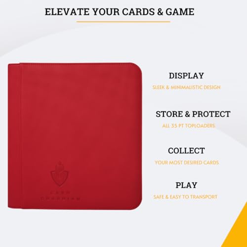 Card Guardian - Toploader 4 Pocket Premium Binder with Zipper for 160 Cards - Side Loaded Pockets - Compatible with Sports and Trading Cards TCG (Red) - color: Red