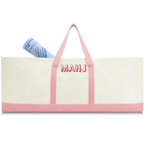 Mahjong Bag for Tiles and Racks Empty American Mahjong Tiles Carrying Tote 31.5 x 12 x 4 Inches Canvas Tile Games Accessories Gifts for Card Pushers Rack Mat Carrying, Case Only(Pink) - color: Pink