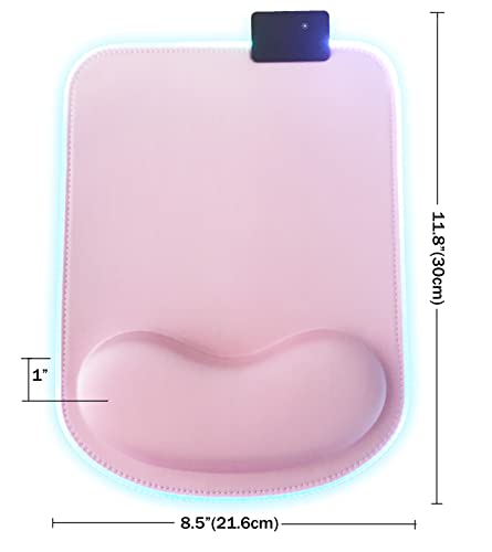 RGB LED Wrist Support Mouse Pad with 13 Lighting Modes, Anti-Slip Rubber Base, Ergonomic for Gaming, Office, Home - 11.8 x 8.5 in (Pink) - color: Pink