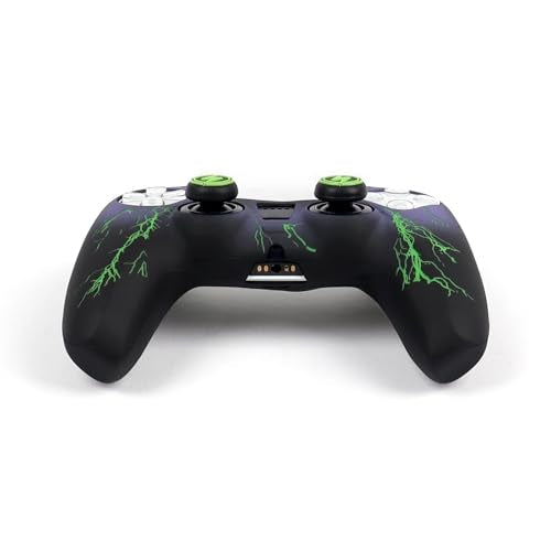RALAN Lightning Controller Skin Silicone for PS5, Non-Slip Grip Cover Protector Compatible with PlayStation 5 Controllers with 2 Thumb Grip Caps - color: Black Green lightning