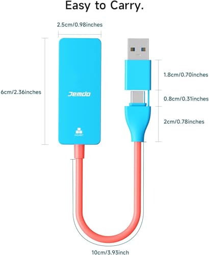JEMDO Ethernet Adapter,1000Mbps with 2-in-1 USB C/USB 3.0,Gigabit RJ45 LAN Network Adapter,Compatible with Nintendo Switch,Laptop,MacBook,Mac OS,Linux,Android,iOS and More