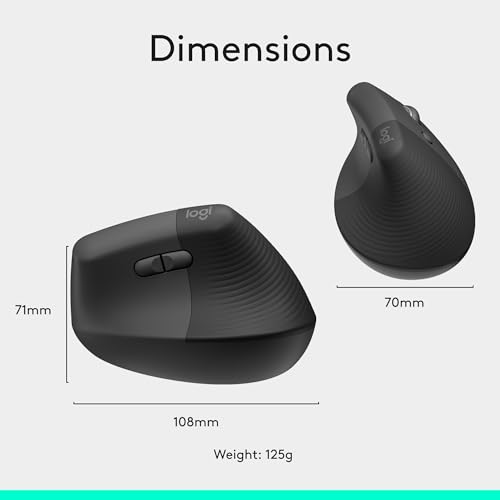 Logitech Lift Vertical Ergonomic Wireless Mouse - Graphite | Connect via Bluetooth or included Logi Bolt USB-A receiver, quiet clicks, 4 of 6 buttons customizable, Windows Mac compatible - color: Graphite, style: Right-Handed