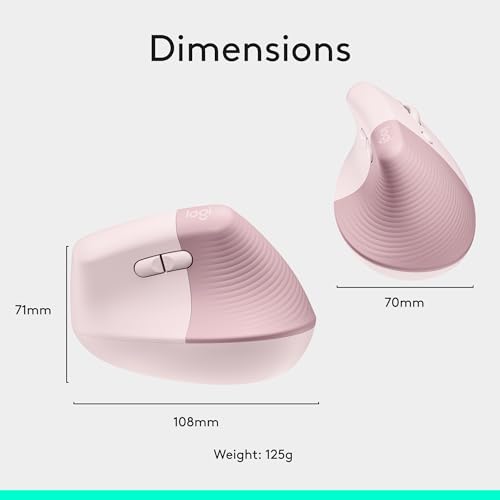 Logitech Lift Vertical Ergonomic Wireless Mouse - Rose | Connect via Bluetooth or included Logi Bolt USB-A receiver, quiet clicks, 4 of 6 buttons customizable, Windows Mac compatible - color: Rose, style: Right-Handed