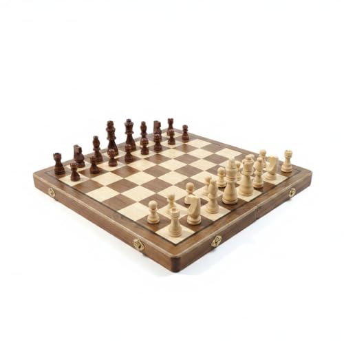 Wooden Magnetic Chess and Checkers Set, Folding Board with Storage Case, Classic 2-in-1 Strategy Board Game 15inches*15 inches