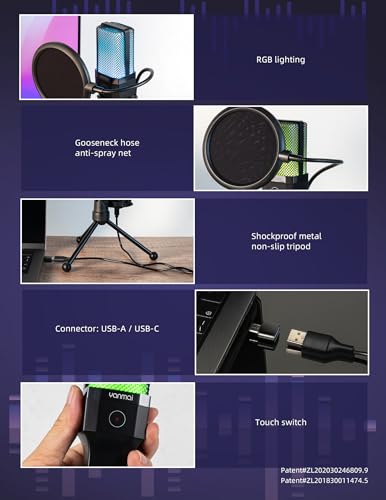 USB Microphone for PC, Gaming, Streaming, Podcasting, Recording, Dynamic Condenser Mic with RGB Light, One-Touch Mute, Gooseneck Tripod, USB-C/USB-A, Vocal Mic for Singing YouTube